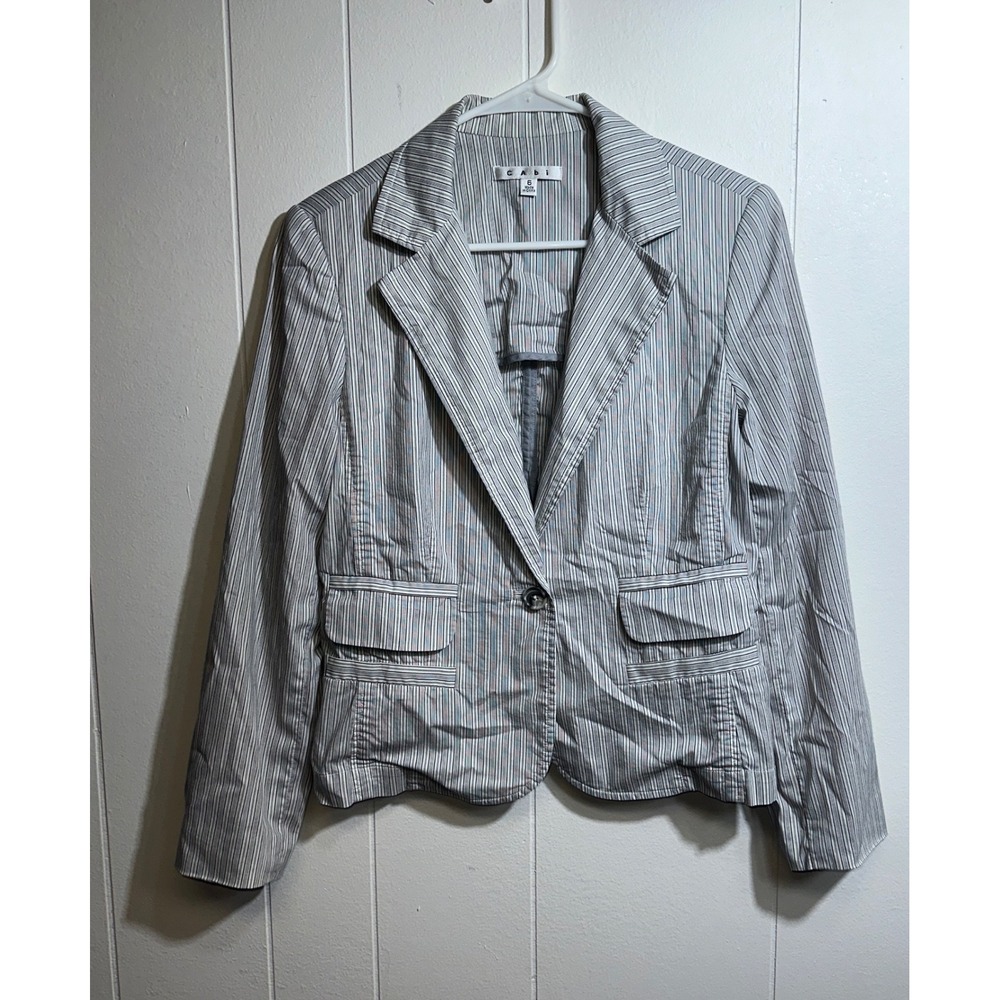 Cabi Striped Blazer Womens 6 Grey White Floral‎ Cuff Cotton Blend Style 13